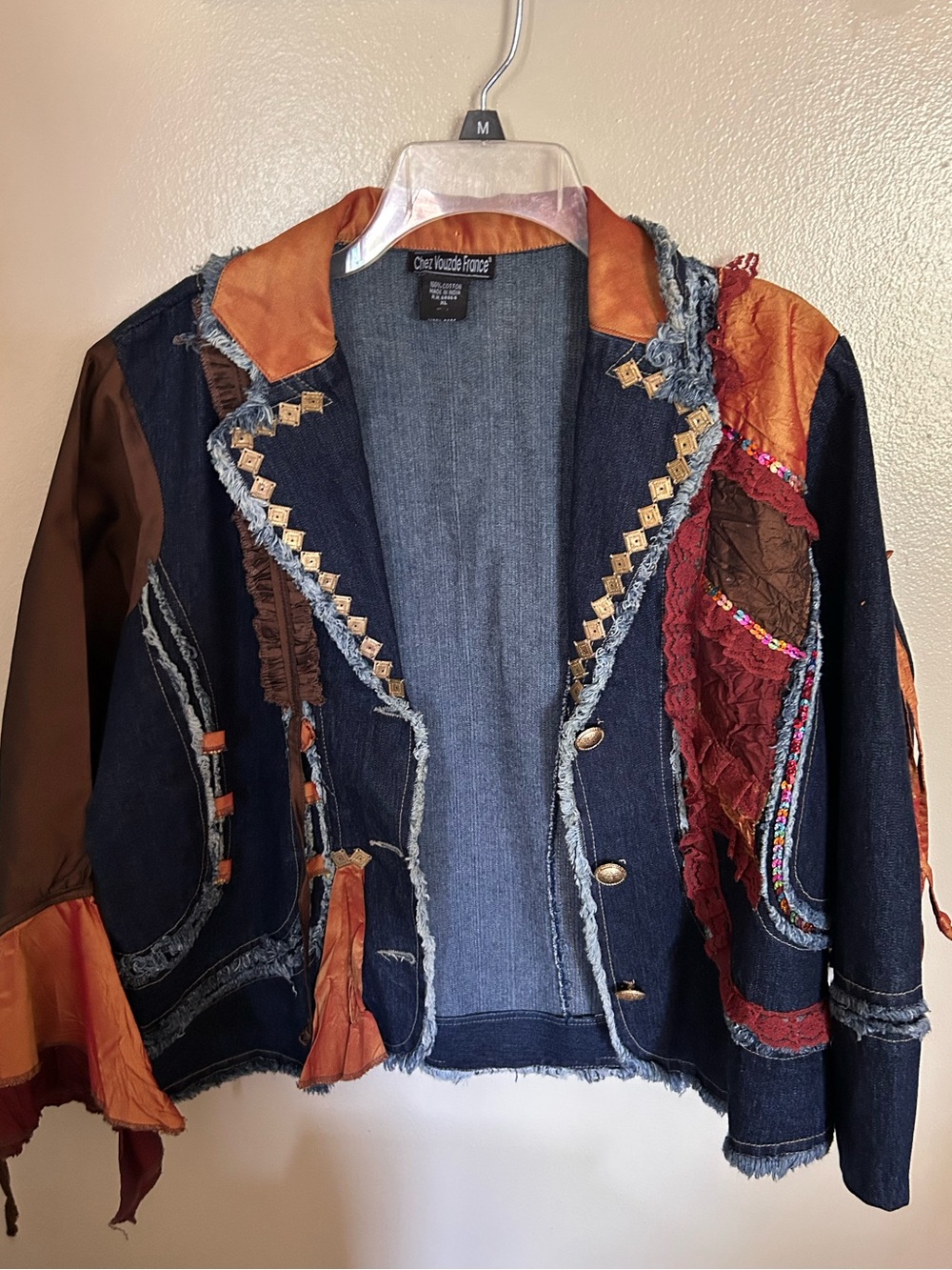 Vintage Connie’s Prairie Patchwork Denim Shirt Size M Lace Doily Boho Kitschy